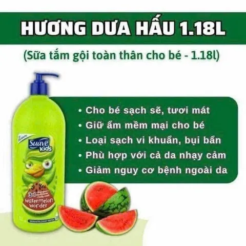 CHAI LỚN 1.18L Sữa Tắm Gội Suave Kids Cho Bé 3 Trong 1 Hương DƯA HẤU 832076