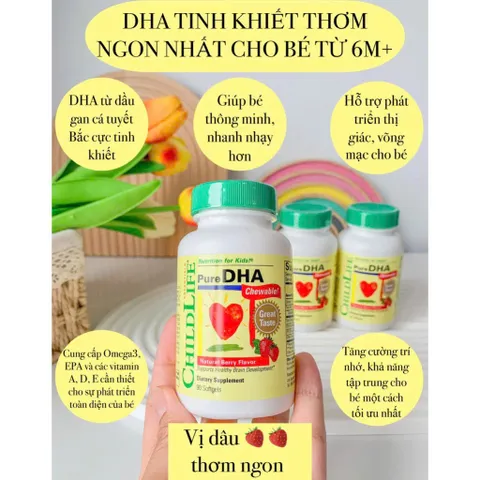 Viên DHA CHILDLIFE vị dâu siêu ngon, không tanh cho bé từ 6tháng của mỹ