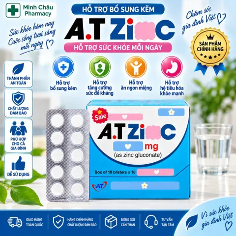 Viên Uống A-T Z-i-n-c 10mg Hỗ Trợ Bổ Sung Kẽm & Tăng Cường Đề Kháng Cho Cơ Thể Hộp 100 Viên (10 Vỉ x 10 Viên)