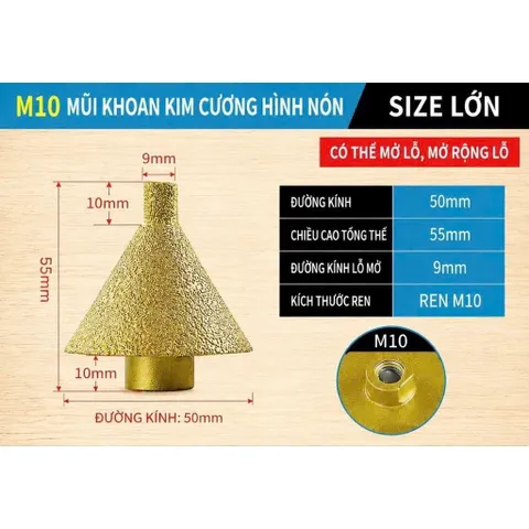 Mũi Khoan Kim Cương Hình Nón, Đá lỗ Mở lỗ Kim Cương Hình nón Phay Cỡ 38mm Và 50mm