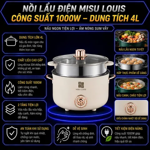 Nồi Lẩu Điện Đa Năng 2 Tầng Màu Trắng Kem Tặng Kèm Giá Hấp Inox Dung Tích Lớn