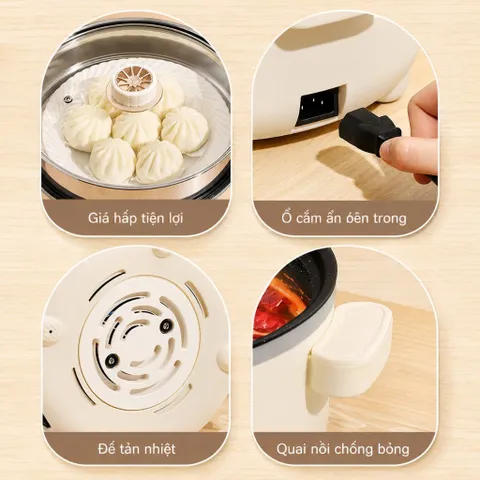 Nồi Lẩu Điện Đa Năng 2 Tầng Màu Trắng Kem Tặng Kèm Giá Hấp Inox Dung Tích Lớn