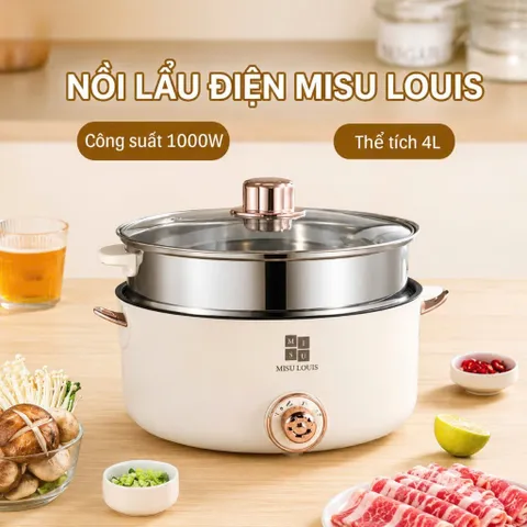 Nồi Lẩu Điện Đa Năng 2 Tầng Màu Trắng Kem Tặng Kèm Giá Hấp Inox Dung Tích Lớn