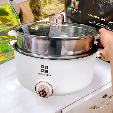 Nồi Lẩu Điện Đa Năng 2 Tầng Màu Trắng Kem Tặng Kèm Giá Hấp Inox Dung Tích Lớn