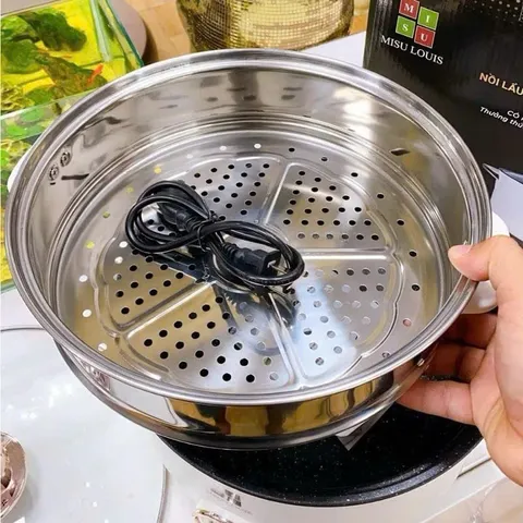 Nồi Lẩu Điện Đa Năng 2 Tầng Màu Trắng Kem Tặng Kèm Giá Hấp Inox Dung Tích Lớn
