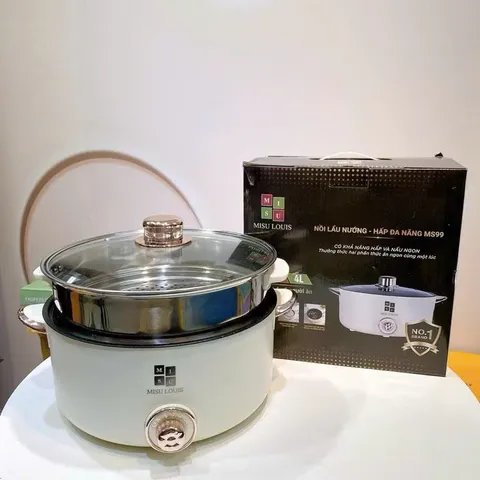 Nồi Lẩu Điện Đa Năng 2 Tầng Màu Trắng Kem Tặng Kèm Giá Hấp Inox Dung Tích Lớn