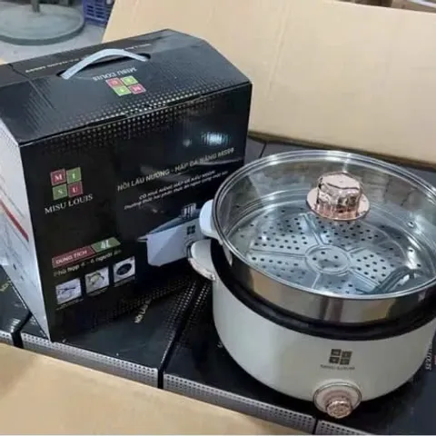 Nồi Lẩu Điện Đa Năng 2 Tầng Màu Trắng Kem Tặng Kèm Giá Hấp Inox Dung Tích Lớn