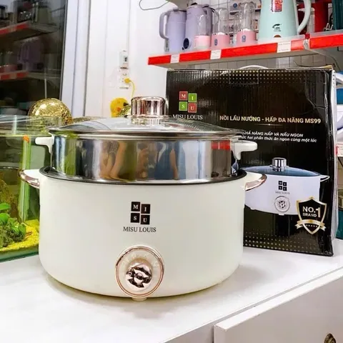 Nồi Lẩu Điện Đa Năng 2 Tầng Màu Trắng Kem Tặng Kèm Giá Hấp Inox Dung Tích Lớn