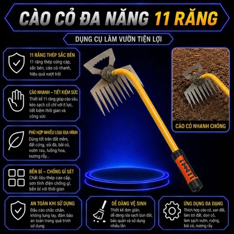 Dụng Cụ Làm Vườn Bằng Thép Không Rỉ, Dụng Cụ Cào Cỏ Tay Cầm Dài, 11 Răng, Nhỏ Gọn Dễ Sử Dụng