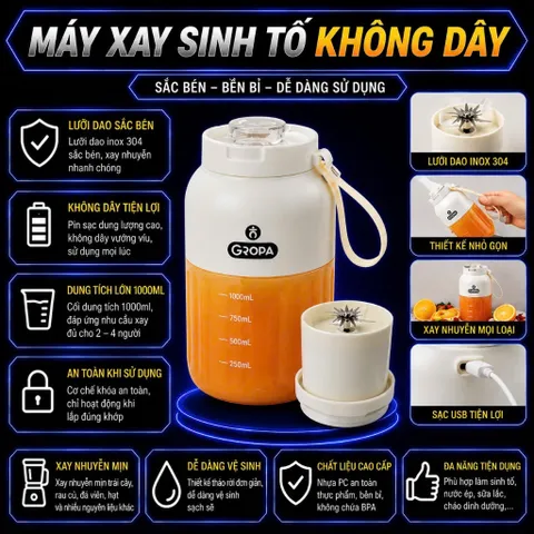 MÁY XAY SINH TỐ CẦM TAY GROPA DUNG TÍCH 1000ML , Máy Xay Sinh Tố Mini Bảo Hành 18 Tháng