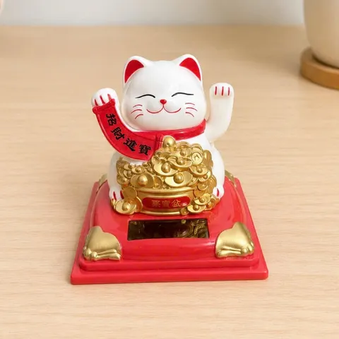 Mèo Thần Tài Màu Trắng Năng Lượng Mặt Trời Tự Động Vẫy Tay Cảm Ứng Ánh Sáng