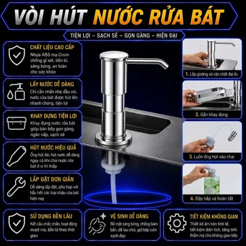 Vòi bơm nước rửa chén hút chất tẩy rửa, lắp đặt dễ dàng, xoay 360 độ nút ấn mượt mà