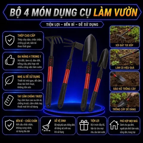 Bộ 4 Món Dụng Cụ Làm Vườn Thép Không Gỉ Bền Chắc - 4Pcs