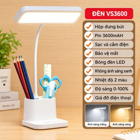 Đèn Học Để Bàn Có Nút Cảm Ứng Kèm 3 Chế Độ Ánh Sáng Phù Hợp Bảo Vệ Mắt, Nhựa ABS An Toàn Có Hốc Để Bút Tiện Dụng