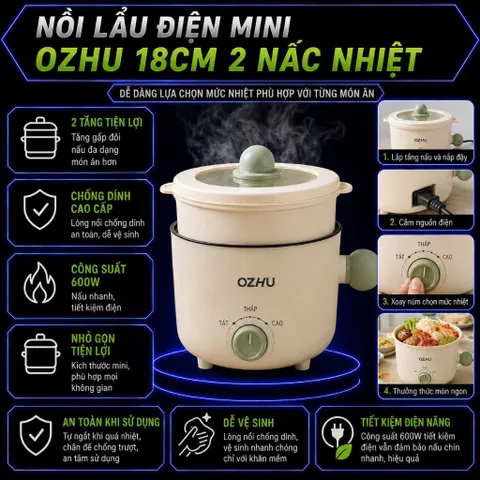 Nồi Lẩu Điện 18cm 2 Nấc Nhiệt Kèm Giá Hấp Có Tay Cầm Tiện Dụng, Nồi Lẩu Hấp Mini Đa Năng 2 Tầng Cao Cấp