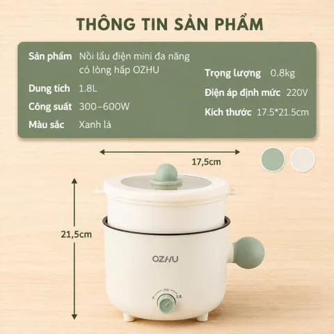 Nồi Lẩu Điện 18cm 2 Nấc Nhiệt Kèm Giá Hấp Có Tay Cầm Tiện Dụng, Nồi Lẩu Hấp Mini Đa Năng 2 Tầng Cao Cấp