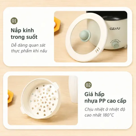 Nồi Lẩu Điện 18cm 2 Nấc Nhiệt Kèm Giá Hấp Có Tay Cầm Tiện Dụng, Nồi Lẩu Hấp Mini Đa Năng 2 Tầng Cao Cấp