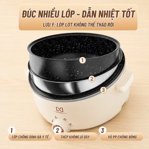 Nồi Lẩu Điện Công Suất 1000W Dung Tích 4L, Tặng Khay Hấp Inox 28CM, Tráng Men Chống Dính SIêu Bền