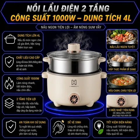 Nồi Lẩu Điện Công Suất 1000W Dung Tích 4L, Tặng Khay Hấp Inox 28CM, Tráng Men Chống Dính SIêu Bền