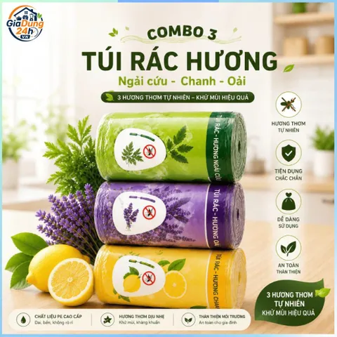 Combo 3 Cuộn 150 Túi Rác Loại 1 Hương Ngải, Oải, Chanh Khử Mùi Đuổi Côn Trùng Có Dây Rút 45x50cm