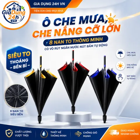 Ô che mưa,Che nắng chống tia UV,Có Vỏ rút ngăn nước tràn ra Xe Ô Tô,Sàn Nhà - Dù 8 nan Khung bền bỉ, Chống lật, Rộng 1m2