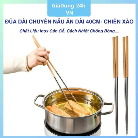 Đũa Chuyên Nấu ăn Chiên Xào - Đầu Đũa Chất Liệu Inox Cán Gỗ, Đũa Nấu Ăn Dài 40cm Cách Nhiệt Chống Bỏng Tiện Lợi