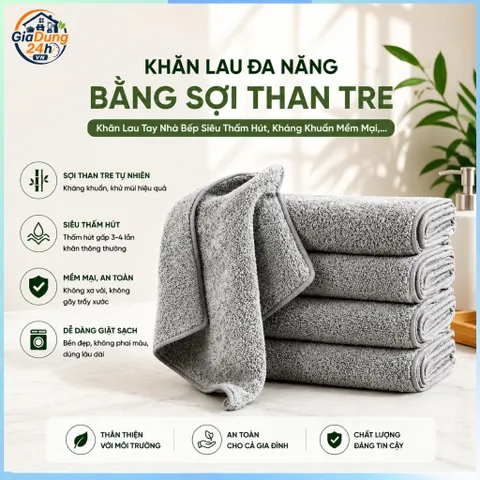 ComBo 50 Khăn Lau Đa Năng Bằng Sợi Than Tre, Khăn Lau Tay Nhà Bếp Siêu Thấm Hút, Kháng Khuẩn Mềm Mại