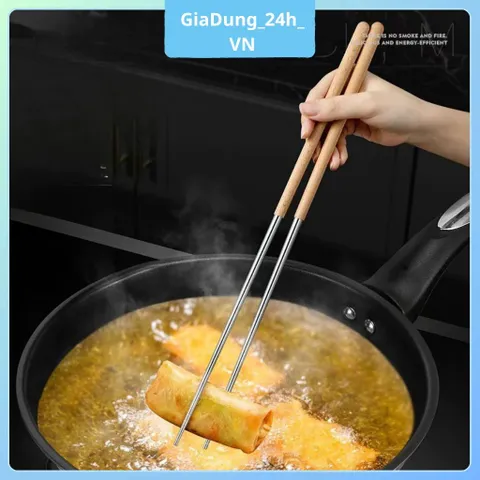 Đũa Chuyên Nấu ăn Chiên Xào - Đầu Đũa Chất Liệu Inox Cán Gỗ, Đũa Nấu Ăn Dài 40cm Cách Nhiệt Chống Bỏng Tiện Lợi