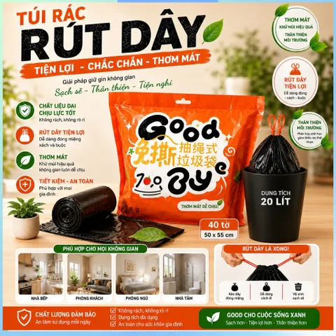 Túi đựng rác Good Bye có quai rút tiện lợi kích thước 50x55cm túi đựng rác tự phân hủy siêu dai 40túi/cuộn/bịch ( Màu đe
