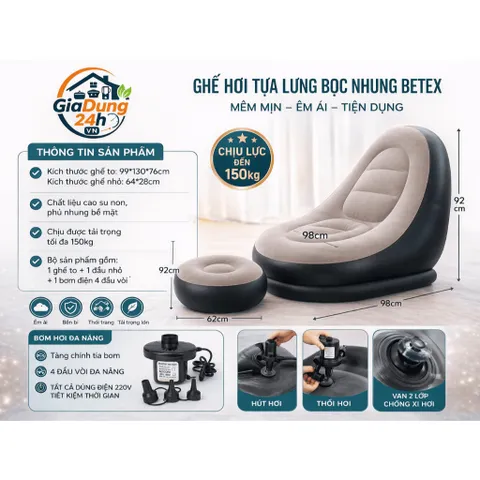 Ghế Hơi Tựa Lưng Bọc Nhung BETEX Cao Cấp - Mềm Mịn Êm Ái, Có Đệm Hơi Lót Chân Cao Cấp Chịu Trọng Tải Lên Tới 150kg