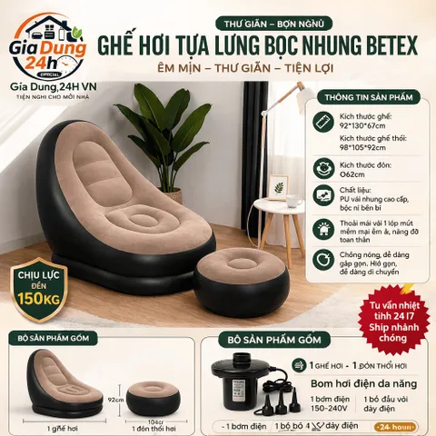 Ghế Hơi Tựa Lưng Bọc Nhung BETEX Cao Cấp - Mềm Mịn Êm Ái, Có Đệm Hơi Lót Chân Cao Cấp Chịu Trọng Tải Lên Tới 150kg