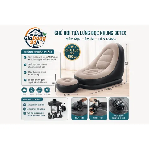 Ghế Hơi Tựa Lưng Bọc Nhung BETEX Cao Cấp - Mềm Mịn Êm Ái, Có Đệm Hơi Lót Chân Cao Cấp Chịu Trọng Tải Lên Tới 150kg