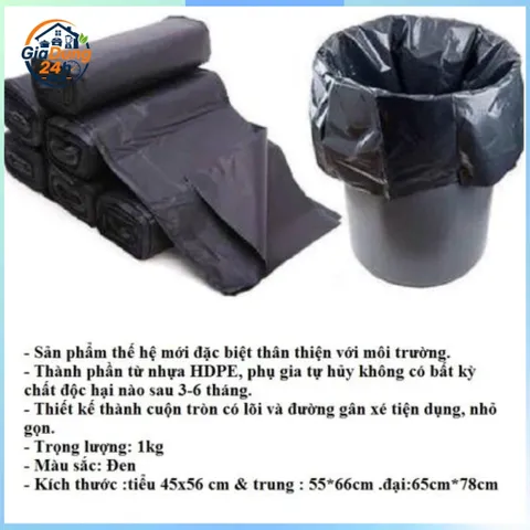 Combo 6 cuộn 90 túi rác dây rút chịu lực kích thước 45x50 túi rác đen chống dò nước tự phân hủy
