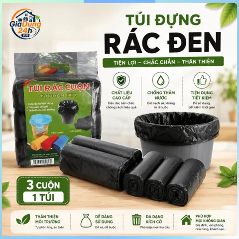 Combo 6 cuộn 90 túi rác dây rút chịu lực kích thước 45x50 túi rác đen chống dò nước tự phân hủy