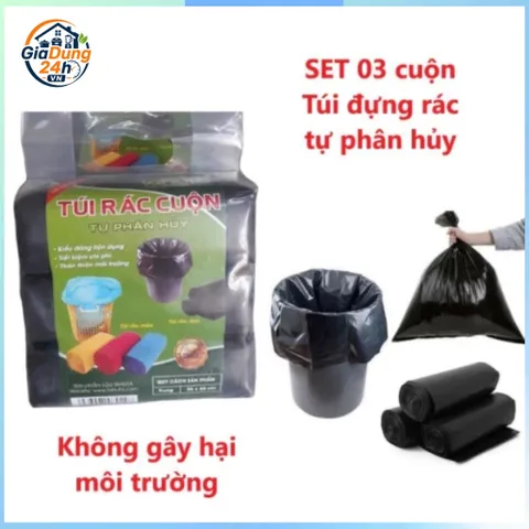 Combo 6 cuộn 90 túi rác dây rút chịu lực kích thước 45x50 túi rác đen chống dò nước tự phân hủy