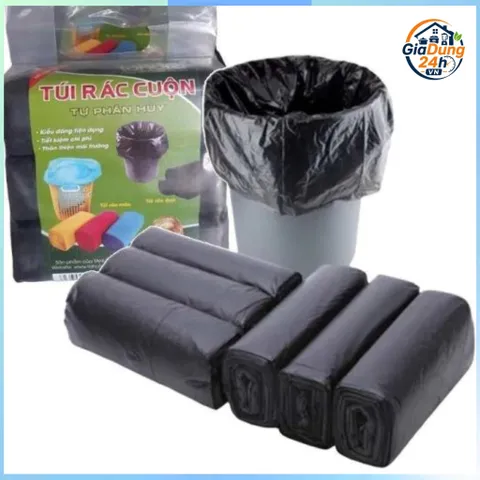 Combo 6 cuộn 90 túi rác dây rút chịu lực kích thước 45x50 túi rác đen chống dò nước tự phân hủy