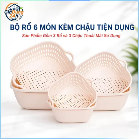 Bộ Rổ  6 Món Kèm Chậu Rửa Rau Củ Quả Hai Lớp Ráo Nước Tiện Dụng Cho Nhà Bếp RIEM