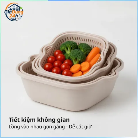 Bộ Rổ  6 Món Kèm Chậu Rửa Rau Củ Quả Hai Lớp Ráo Nước Tiện Dụng Cho Nhà Bếp RIEM