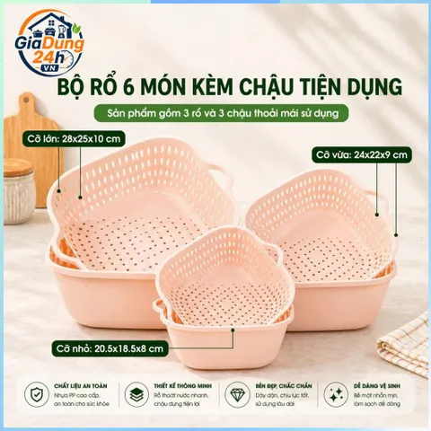 Bộ Rổ  6 Món Kèm Chậu Rửa Rau Củ Quả Hai Lớp Ráo Nước Tiện Dụng Cho Nhà Bếp RIEM
