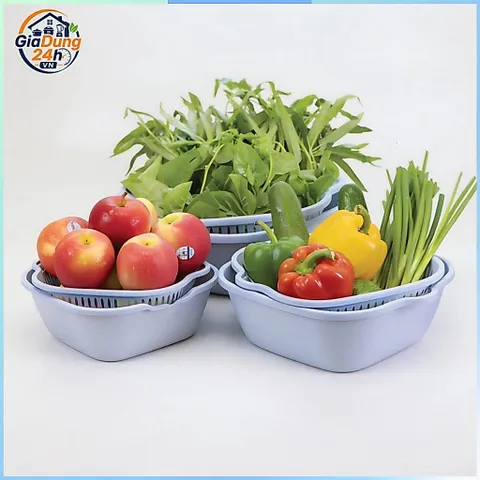 Bộ Rổ  6 Món Kèm Chậu Rửa Rau Củ Quả Hai Lớp Ráo Nước Tiện Dụng Cho Nhà Bếp RIEM