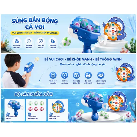 Súng Bắn Bóng Cá Voi Cho Bé Kèm Bảng Mục Tiêu - Đồ Chơi Vận Động Rèn Luyện Phản Xạ, Phối Hợp Tay Mắt, Quà Tặng Trẻ Em