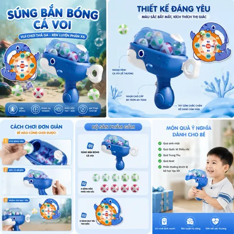 Súng Bắn Bóng Cá Voi Cho Bé Kèm Bảng Mục Tiêu - Đồ Chơi Vận Động Rèn Luyện Phản Xạ, Phối Hợp Tay Mắt, Quà Tặng Trẻ Em