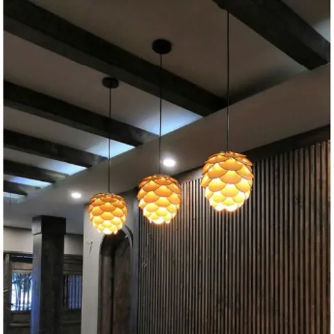 đèn gỗ thả trần kiến trúc hình quả thông- đèn trang trí nội thất cửa hàng