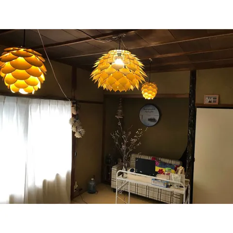 đèn gỗ thả trần kiến trúc hình quả thông- đèn trang trí nội thất cửa hàng
