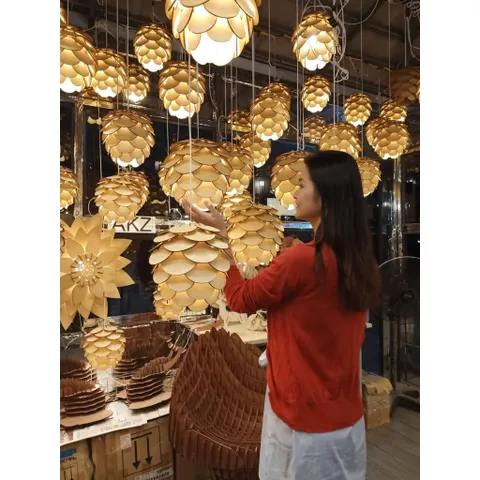 đèn thả trần gỗ DIY dáng quả thông D27cm