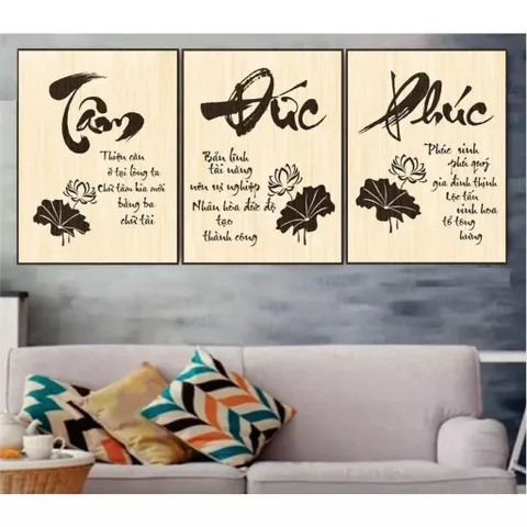 Bộ 3 tranh tâm phúc đức, tranh thư pháp, tranh treo tường, tranh thư pháp chữ tâm, phúc, đức