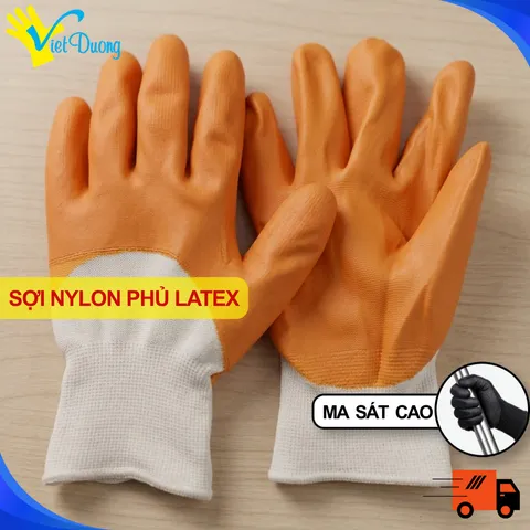 Găng tay bảo hộ lao động phủ cao su da cam, găng tay phủ sơn, găng tay lao động - GDCNYLON15G