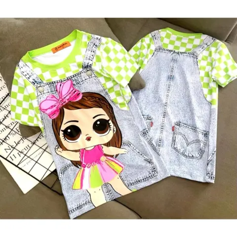 [10-40kg] Đầm suông thun lạnh bé gái size đại in 3D giả yếm jean siêu xinh, váy bé gái