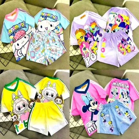 Đồ Bộ Bé Gái Size Đại 12-45kg, Bộ Đùi Cổ Tim Vải Thun Lạnh in Hình Labubu, Kuromi Dễ Thương Cho Bé Gái