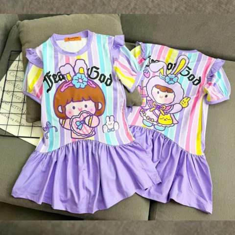 [H16] Váy Bé Gái Size Đại 14-49kg, Đầm Suông Kẻ Sọc Phối Lai Vải Thun Lạnh in Hoạt Hình Hot Trend